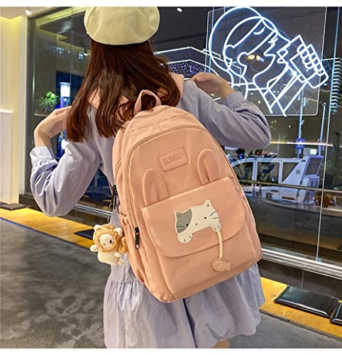 Kawaii Backpack Japanese Cute Cat School Backpack with Plushies Aesthetic Backpack for Teen Girls Back to School Supplies (Pink)