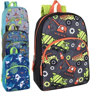 trail maker wholesale kids backpacks for boys, girls bulk backpacks 24 pack with fun patterns, adjustable padded straps (boys assorted colors)