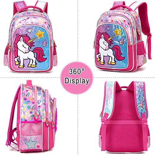 Robhomily Unicorn Sequins Girls Backpack with Lunch Box Set for Elementary School,17” Sparkly Bling School Backpack for Girls with Lunch Bags Set