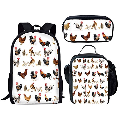 doginthehole Chicken Print Backpack Set 3 Piece Shoulder School Book Bags for Kids Boys Girls