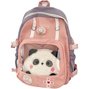 aoakva kawaii backpack comes with huge kawaii panda doll and 4 kawaii patches cute for teen girl boy students (pink+purple)