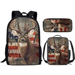 disnimo back to school backpack set 3 pack american flag hunting camo deer junior primary schoolbag thermal lunch box pencil case 3 in 1