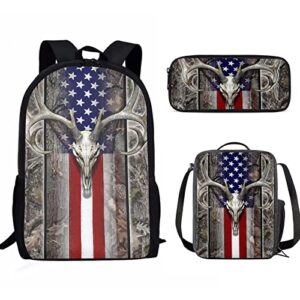 seanative american flag wood deer skull oak camo print large school backpack girls boys travel backpack with lunch bag and pencil case