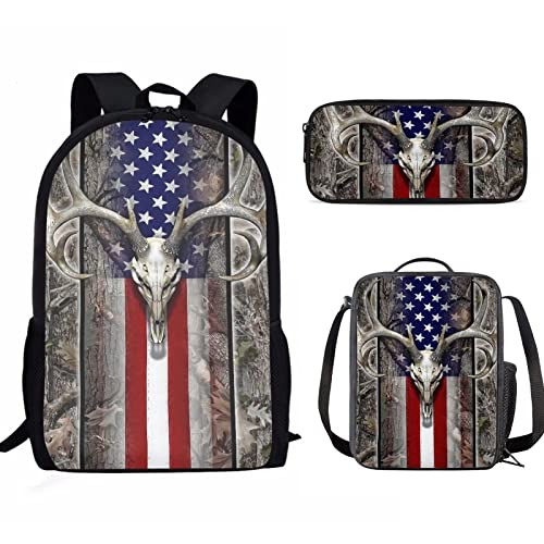 SEANATIVE American Flag Wood Deer Skull Oak Camo Print Large School Backpack Girls Boys Travel Backpack with Lunch Bag and Pencil Case