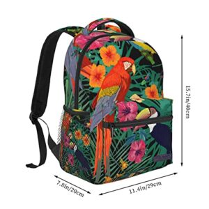 School Backpack Daypack Toucan Bird Parrot Tropical Plant School Bookbag College Laptop Backpack Casual Travel Bag Fashion Hiking Camping Daypack For Teens Women Men