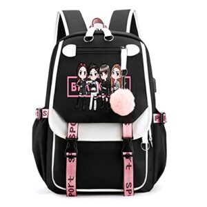 cusalboy kpop backpack lisa rose jisoo jennie shouler bag messenger bag fashion usb charging backpack (black 4)