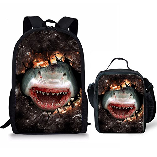 ELEIN Color Shark Printed Schoolbag Students Book Bag Set with Lunch Box Kids Backpack Adults Daypack