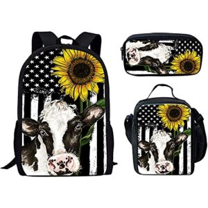 fkelyi american flag sunflower shoulder bags school backpack students cow print college bookbag with lunch box pencil case