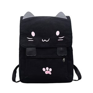 black/pink college preppy backpack cute cat embroidery canvas school backpack bags for kids lightweight travel kitty rucksack