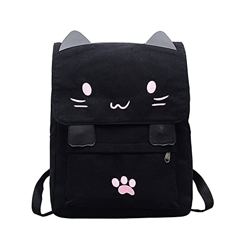 Black/Pink College Preppy Backpack Cute Cat Embroidery Canvas School Backpack Bags for Kids Lightweight Travel Kitty Rucksack