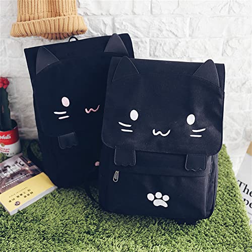 Black/Pink College Preppy Backpack Cute Cat Embroidery Canvas School Backpack Bags for Kids Lightweight Travel Kitty Rucksack