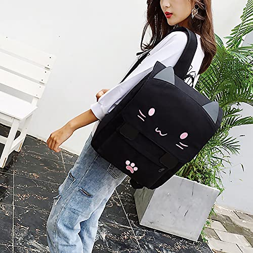 Black/Pink College Preppy Backpack Cute Cat Embroidery Canvas School Backpack Bags for Kids Lightweight Travel Kitty Rucksack