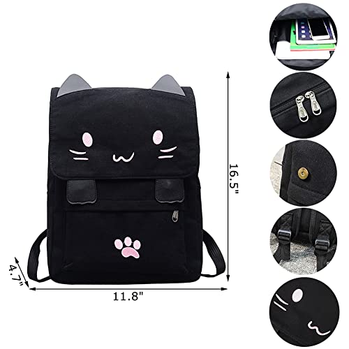 Black/Pink College Preppy Backpack Cute Cat Embroidery Canvas School Backpack Bags for Kids Lightweight Travel Kitty Rucksack