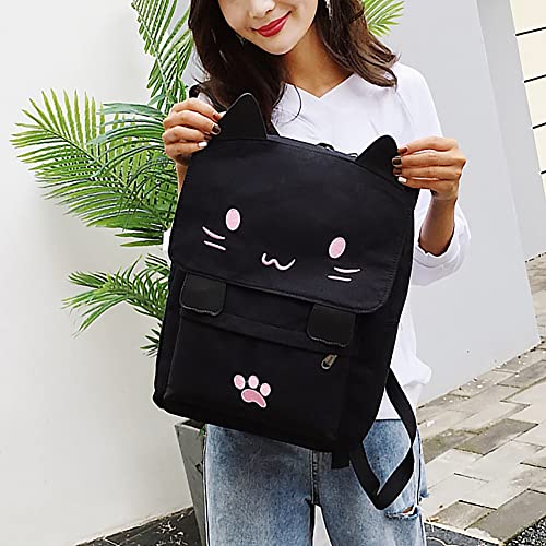Black/Pink College Preppy Backpack Cute Cat Embroidery Canvas School Backpack Bags for Kids Lightweight Travel Kitty Rucksack