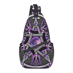 crossbody sling backpack purple wiccan star pentagram men women hiking chest shoulder bag