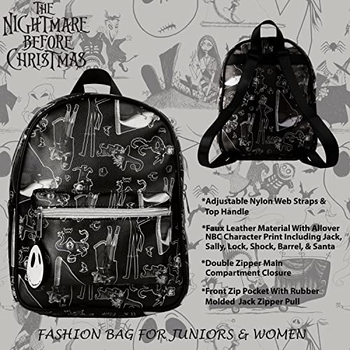 Disney Nightmare Before Christmas Allover Print Double Strap Should Bag, Mini Backpack with Molded Jack Dangle, 10.5 Inches, Adjustable Straps, Faux Leather