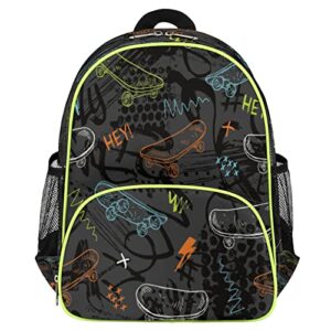 urban style skateboards kids backpack, 14” cool sport toddler primary student schoolbag, boys girls waterproof casual bookbag travel hiking bags