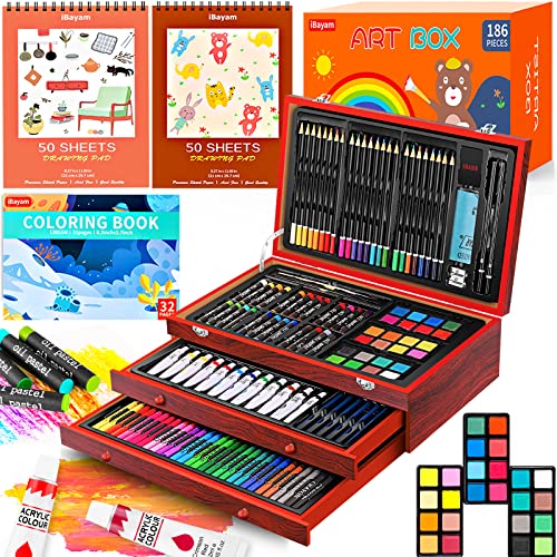 Art Supplies, 186-Pack Deluxe Art Set with 2 A4 Drawing Pads, 1 Coloring Book, 24 Acrylic Paints, Crayons, Colored Pencils, Watercake, Creative Gift Box for Adults Artist Beginners Kids Girls Boys