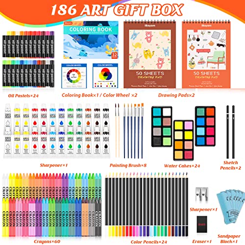 Art Supplies, 186-Pack Deluxe Art Set with 2 A4 Drawing Pads, 1 Coloring Book, 24 Acrylic Paints, Crayons, Colored Pencils, Watercake, Creative Gift Box for Adults Artist Beginners Kids Girls Boys