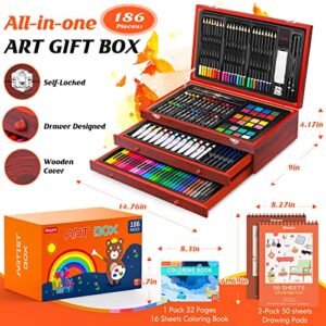 Art Supplies, 186-Pack Deluxe Art Set with 2 A4 Drawing Pads, 1 Coloring Book, 24 Acrylic Paints, Crayons, Colored Pencils, Watercake, Creative Gift Box for Adults Artist Beginners Kids Girls Boys