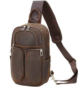 masa kawa full grain leather sling crossbody backpack bags for men fits 9.7” tablet small hiking travel shoulder daypack chest bag, vintage brown