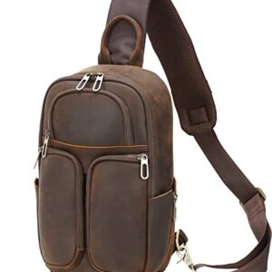 Masa Kawa Full Grain Leather Sling Crossbody Backpack Bags for Men Fits 9.7” Tablet Small Hiking Travel Shoulder Daypack Chest Bag, Vintage Brown