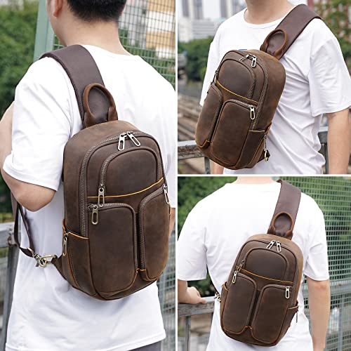 Masa Kawa Full Grain Leather Sling Crossbody Backpack Bags for Men Fits 9.7” Tablet Small Hiking Travel Shoulder Daypack Chest Bag, Vintage Brown