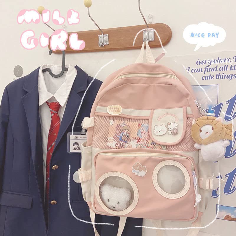 Kawaii Backpack with Kawaii Pin and Accessories Kawaii Japanese Backpack Ita Bag Cute Laptop Schoolbag (Pink)