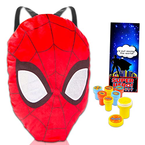 Spiderman Backpack for Kids - Plush Marvel Spiderman Backpack with Adjustable Shoulder Straps Plus Superhero Stampers and More for Boys, Girls (Spiderman School Supplies)