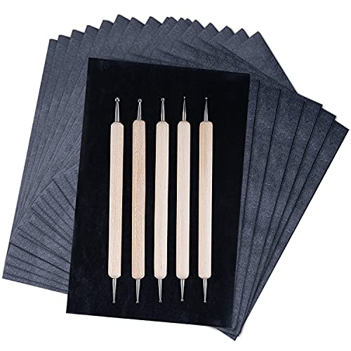 200 Sheets Carbon Paper Graphite Paper Black Carbon Transfer (8.5 x 11.5 inch) Tracing Papers with 5 PCS Embossing Styluses Dotting Tools for Wood Paper Canvas Craft