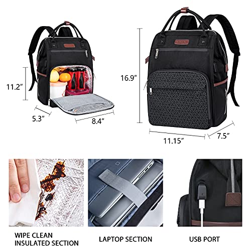 EMPSIGN Lunch Backpack for Women & Men, 15.6 Inch Laptop Backpack Cooler Bag with USB Port & Insulated Lunch Box, Waterproof Light Weight Diaper Bag for Travel School Work-Black