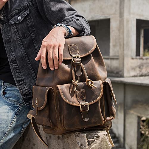 Polare Vintage Full Grain Leather Rucksack Backpack Casual Travel Satchel Bag Daypack For Men Women Dark Brown