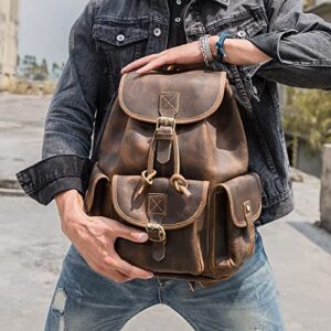 Polare Vintage Full Grain Leather Rucksack Backpack Casual Travel Satchel Bag Daypack For Men Women Dark Brown