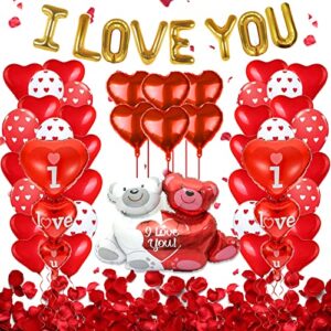 i love you balloons and heart balloon set, romantic decorations for special night valentines day balloons and teddy-bear red heart balloons with 1000 pcs silk rose petals 53pcs valentine’s day party decorations for anniversary