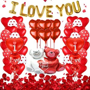 I Love You Balloons and Heart Balloon Set, Romantic Decorations for Special Night Valentines Day Balloons and Teddy-Bear Red Heart Balloons With 1000 PCS Silk Rose Petals 53PCS Valentine's Day Party decorations for Anniversary