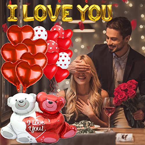 I Love You Balloons and Heart Balloon Set, Romantic Decorations for Special Night Valentines Day Balloons and Teddy-Bear Red Heart Balloons With 1000 PCS Silk Rose Petals 53PCS Valentine's Day Party decorations for Anniversary