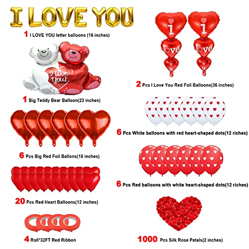 I Love You Balloons and Heart Balloon Set, Romantic Decorations for Special Night Valentines Day Balloons and Teddy-Bear Red Heart Balloons With 1000 PCS Silk Rose Petals 53PCS Valentine's Day Party decorations for Anniversary
