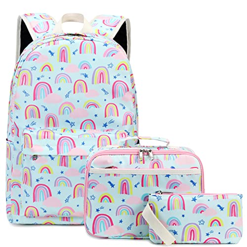 Backpacks for Girls Boys School Bookbags Set with Lunch Box Pencil Case Lightweight Cute Elementary Backpack (Rainbow-Green-3)