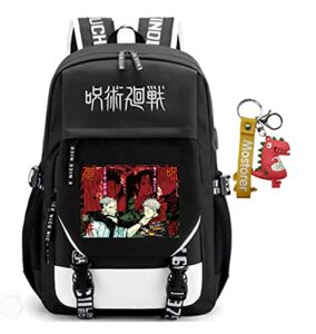 jupkem anime jujutsu backpack bag usb with charging port student school bag laptop cosplay for boys girls (black)