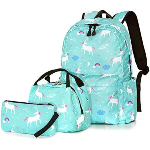 dream unicorn school bag kids 3-in-1 bookbag set, junlion laptop backpack lunch bag pencil case gift for teen girls womens green