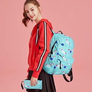 Dream Unicorn School Bag Kids 3-in-1 Bookbag Set, Junlion Laptop Backpack Lunch Bag Pencil Case Gift for Teen Girls Womens Green