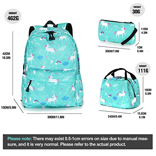 Dream Unicorn School Bag Kids 3-in-1 Bookbag Set, Junlion Laptop Backpack Lunch Bag Pencil Case Gift for Teen Girls Womens Green