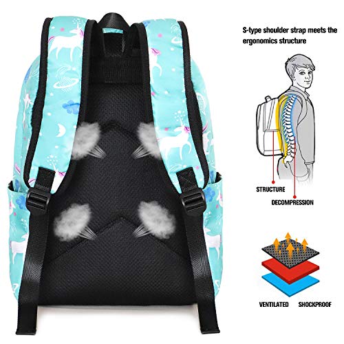 Dream Unicorn School Bag Kids 3-in-1 Bookbag Set, Junlion Laptop Backpack Lunch Bag Pencil Case Gift for Teen Girls Womens Green
