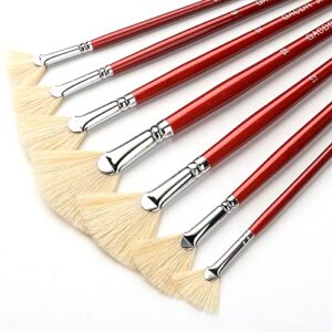gacdr fan brush for painting, 7 pieces fan brush set with hog bristle natural hair and long wood handle, professional artist fan brushes for acrylic painting,oil watercolor painting