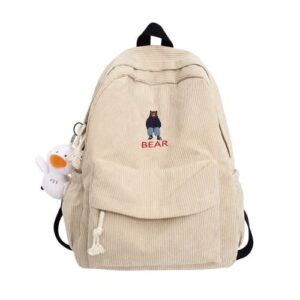 large kawaii bear corduroy backpack with cute duck pendant for girl student teen vintage satchel bookbag school bag laptop (large,abeige)