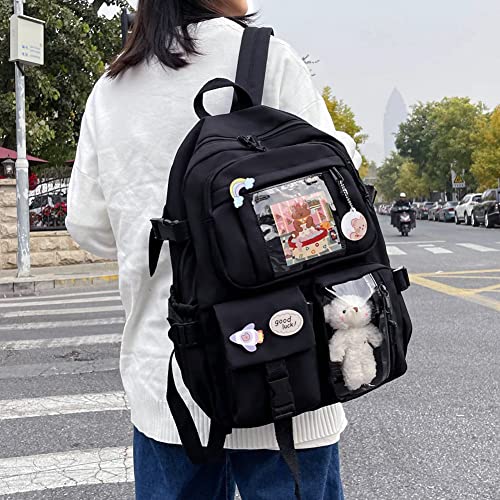 Kawaii Backpack, with Kawaii Pin and Cute Accessories Backpack Cute Aesthetic Backpack for School Capacity Rucksack(02-Black)
