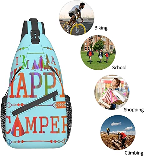 Stylish Chest Sling Bag Camping Mountain Happy Camper Sky Blue,Crossbody Shoulder Backpack Adjustable Chest Bag Lightweight Casual Daypack for Men Women Outdoor Sports Biking Climbing Shopping