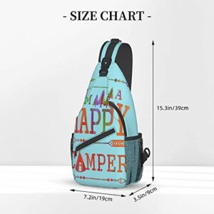 Stylish Chest Sling Bag Camping Mountain Happy Camper Sky Blue,Crossbody Shoulder Backpack Adjustable Chest Bag Lightweight Casual Daypack for Men Women Outdoor Sports Biking Climbing Shopping