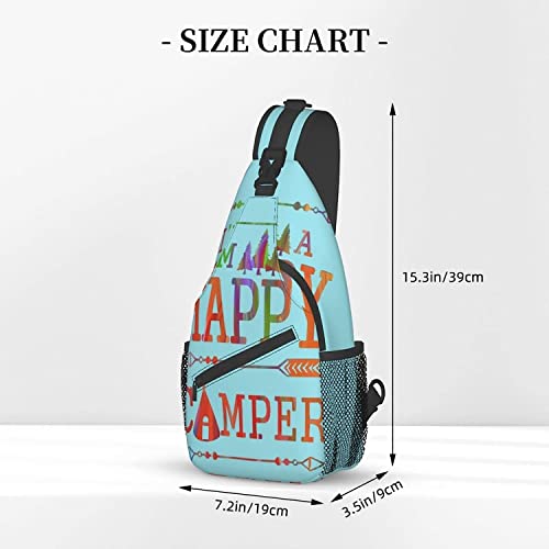 Stylish Chest Sling Bag Camping Mountain Happy Camper Sky Blue,Crossbody Shoulder Backpack Adjustable Chest Bag Lightweight Casual Daypack for Men Women Outdoor Sports Biking Climbing Shopping