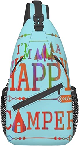 Stylish Chest Sling Bag Camping Mountain Happy Camper Sky Blue,Crossbody Shoulder Backpack Adjustable Chest Bag Lightweight Casual Daypack for Men Women Outdoor Sports Biking Climbing Shopping